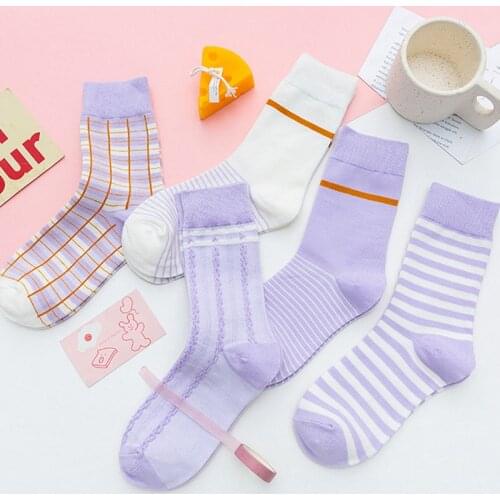 Breathable Mid Tube Socks for Women Nice Gift Crew Socks Spring Autumn 1Pair Purple Series Cotton Preppy Style Sock