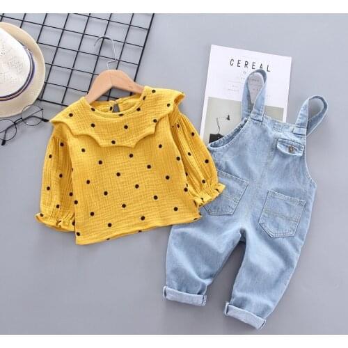 2021 baby girl spring and autumn models fashion long-sleeved strap suit jeans + long-sleeved T-shirt long-sleeved two-piece suit