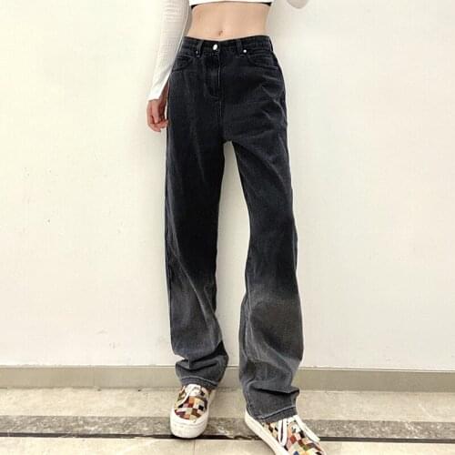 Women Jeans Mom Fit Gradient Grey High Waist Wash Baggy Jean 2021 Autumn New Winter Fashion Slim Wide Leg Denim Pants Vaqueros