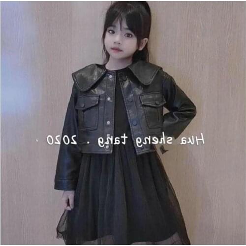 Girls sets sping autumn new Pu leather jacket + mesh dress 2 pcs sets children suits kids long sleeve sets 3-10Y WS1786