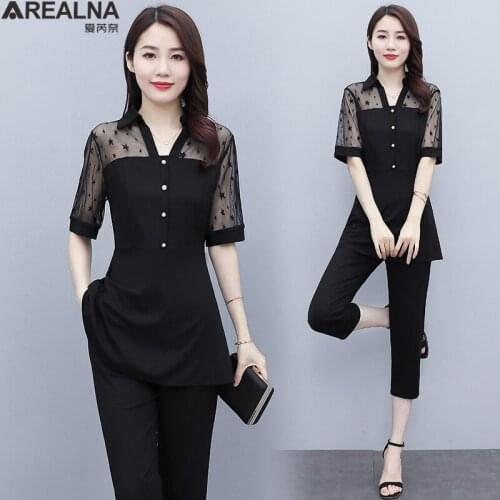 2 piece sets womens outfits Korean lace Patchwork Two Peice Set Women Short Sleeve blouse + calf-length pants Casual Tracksuit