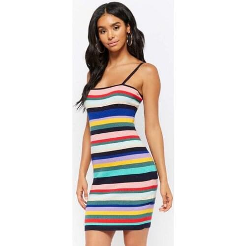 Summer New Womens Blue and Yellow Stripes Sling Dress Tight Mini Short Dress