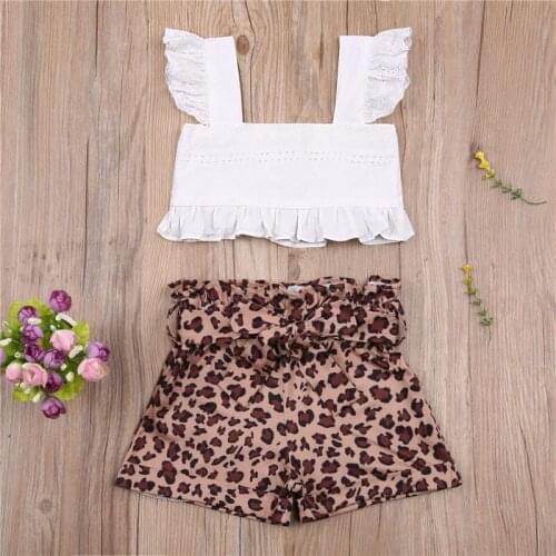 Summer Little Girls Two Piece Set Flying Sleeve Stitching Lace Sling Leopard High Waist Shorts 6 Months-5 Years