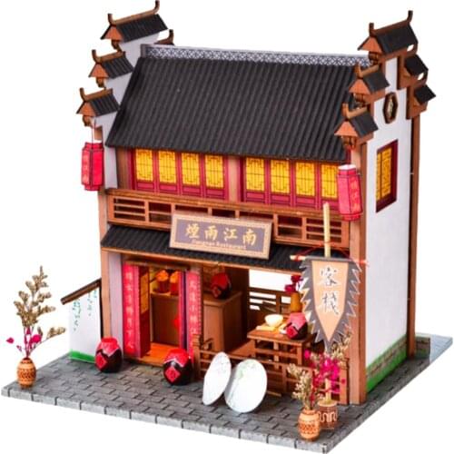 1:24 Handmade Dollhouse Miniature Wooden Inn With Furniture & LED Lights DIY Miniature Dollhouse Accessories