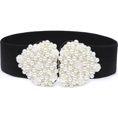 Fashion Pearl Rose Flower Love Buckle Ladies Belt White Black High Quality Elastic BandGirdle All-Match Dress Coat Elastic Strap