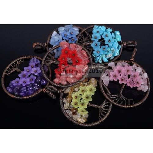 Natural Gems Stones Chip Reiki Chakra Flower Tree of Life Copper Pendant Charms Jewelry Making 5Sets/Pack
