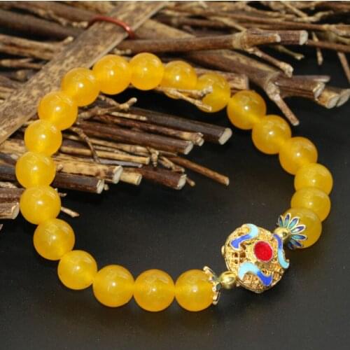 Wholesale 8mm yellow semi-precious jades chalcedony stone bracelets round beads cloisonne high grade gifts jewelry 7.5inch B2692