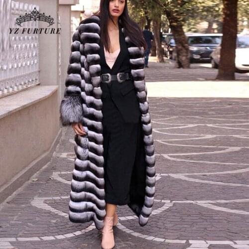 Winter All Natural Rex Rabbit Fur 130cm Long Outwear Cuff Silver Fox Fur Collar Design Thick Warm Coat Fashion Lapel Overdress