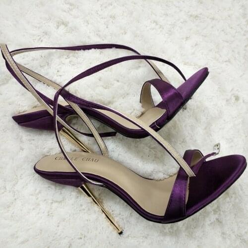 Sexy Purple Satin Sandals High Heel Slimmer Dress Party Women Sandals Summer New Open Toe Ankle Strap Stiletto 11cm Heel Shoes