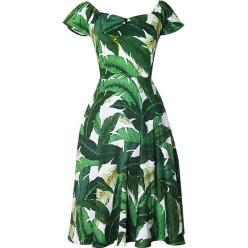 Customize Women Summer Plus Size 3XS-10XL Retro Printing Dress Ladys Casual Vintage Green Leaf Printed A Line Dresses