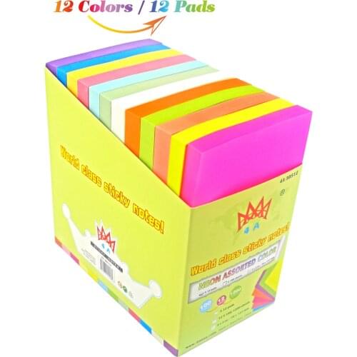 4A Sticky Notes,3 x 5 Inches,Neon Assorted,12 Colors,Self-Stick Notes,100 Sheets/Pad,12 Pads/Pack,4A 30512