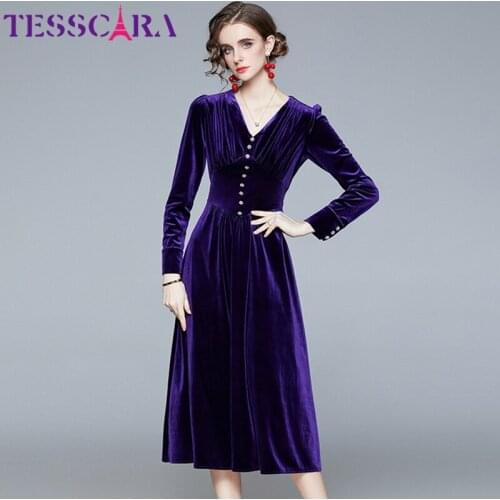 TESSCARA Women Autumn & Winter Elegant Velvet Dress Festa High Quality Long V-neck Party Robe Femme Vintage Designer Vestidos