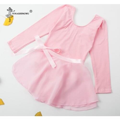 Girls Team Basic Long Sleeve Pure cotton Gymnastics Bodysuit Leotard Dress Ballet Wrap Skirt Dance Costume 2 Piece Set Brand New