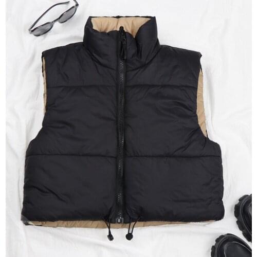 High Waisted Cropped Vests Coat Women Sleeveless Parkas Zipper Jacket Female Spring High Stand Collar Warm Outwear Ladies Parkas