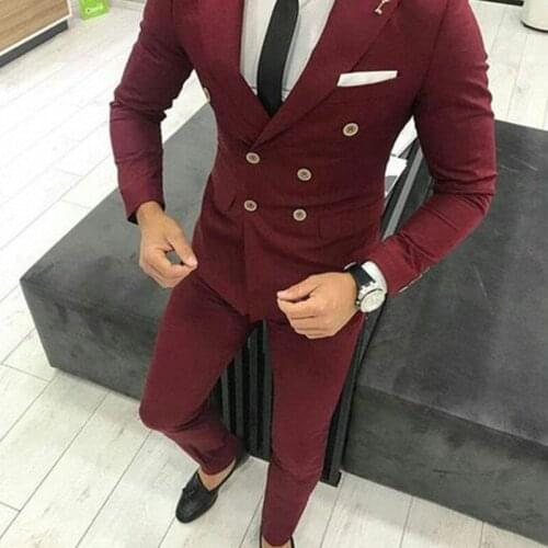 ANNIEBRITNEY Burgundy Double Breasted Men Suit With Pants Peaked Lapel Groom Wedding Tuxedo Formal Business Prom Cutsom Men Suit