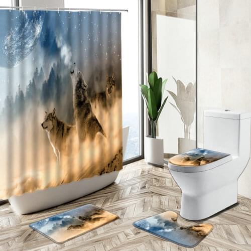 Wolf Shower Curtain Wild Animal Forest Desert Snow Scenery Bathroom Decor Non-Slip Carpet Toilet Cover Floor Mat Set Washable