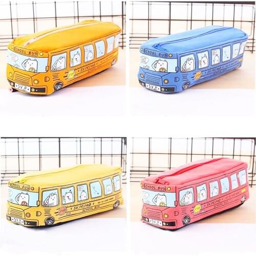 XRHYY Large Capacity Pen Bag Funny School Bus Cartoon Pencil Case Students Zipper Canvas Pens Pouch Stationery Organizer Holder