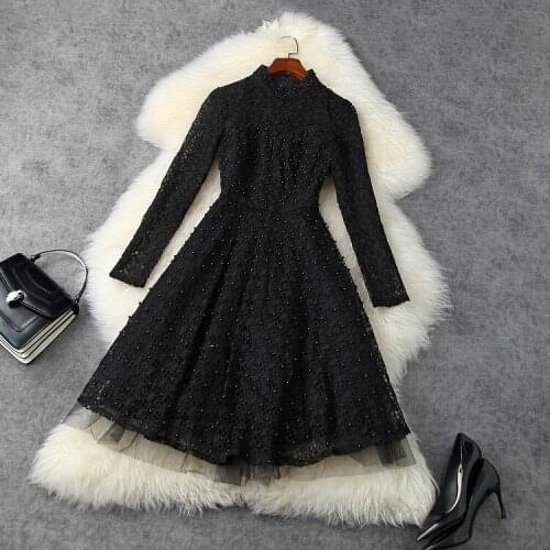 European and American womens clothing New spring 2021 Long - sleeved standneck nail bead lace embroidery Fashionable dress