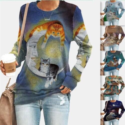 2021 Autumn New Fashion Casual Loose Women Clothing Cartoon Animal Cat Digital Printing Round Neck Long-Sleeved Ladies Top