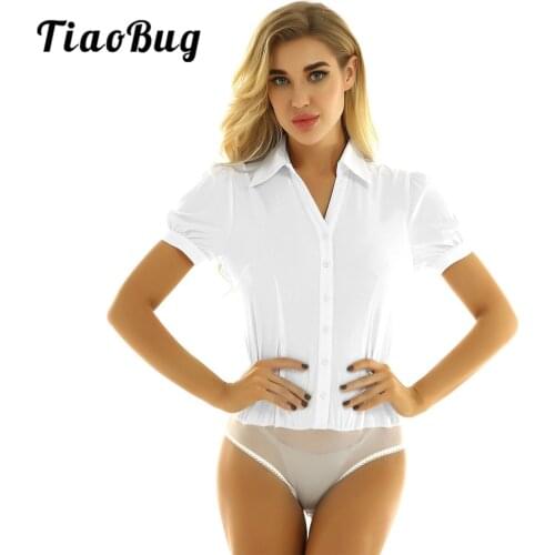 TiaoBug Summer Women White/Black One-Piece Turn-down Collar Short Sleeve Button Down Casual Career Bodysuit Shirt Blouse Romper