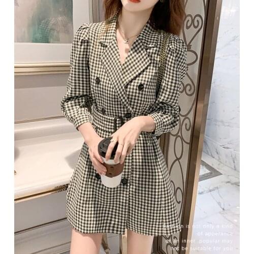 JMPRS Elegant Plaid Women Mini Dress Spring Double Breasted Long Sleeve Tunic Belt Party Blazers Dress Korean Slim Vestidos 2021