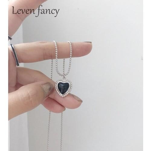 Natural Gemstone Black Agate Heart Charm Pendant Necklace 925 Sterling Silver Jewelry Ball Bead Chain Mother Gift Women Necklace