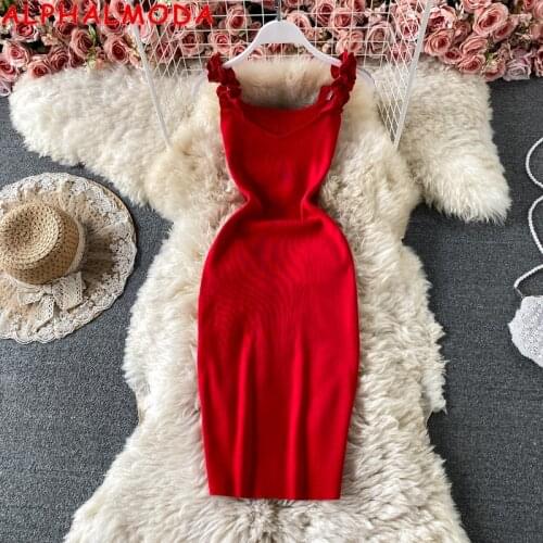 ALPHALMODA 2021 Summer New Women Pleated Strap Sweet Knitting Tank Dress Solid Color Ladies Stretchy Tight Skinny Dress