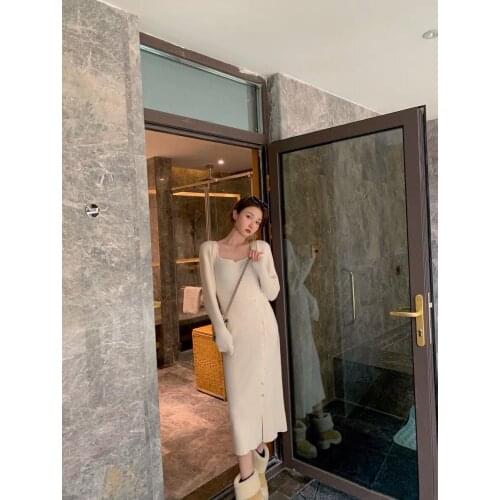 Spring Elegant Knitting Dress Women Long Sleeve Sexy V-neck Knitted High Waist Good Elastic Elegant Korean Office Lady Vestido