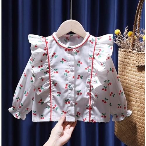 Ruffle Toddler Infant Blouse Print Cherry Long Sleeve Blouse Ruched Shirts Spring Fall Clothes for Baby Girls Cotton Blouse Tops