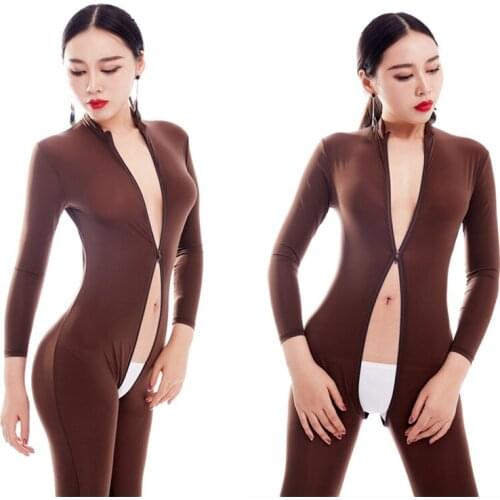 New Sexy Brown Two Way Zipper Open Crotch Bust Transparent Bodysuit Turtleneck Body Stockings Club Wear Sexy Lingerie FX38