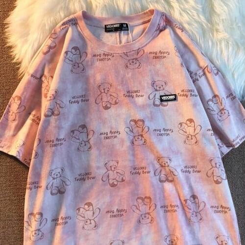Kawaii Loose Bear Tshirt Streetwear Summer Oversize Cute T Shirt Women Harajuku Half Sleeves Pink Tops Tee Hip Hop Tshirt Funny
