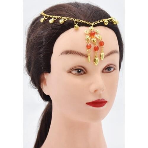 Indian Gold Color Forehead Chain & Bracelets Sets for Women Boho Red Stone Flower Bells Tassel Belly Dance Costume Jewelry Set