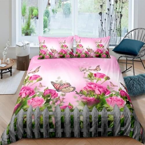 3D Pink Comforter Cases Flower Duvet Cover Sets Pillow Slips Full Double Single Twin Queen Size Rose and Butterfly Beddings