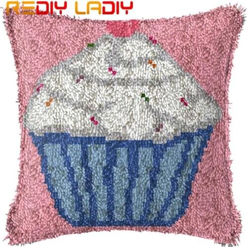 Latch Hook Cushion Ice Cream Pink Pillow Case Printed Color Canvas Acrylic Yarn Latched Hook Pillow Crochet Cushion Cover Kits
