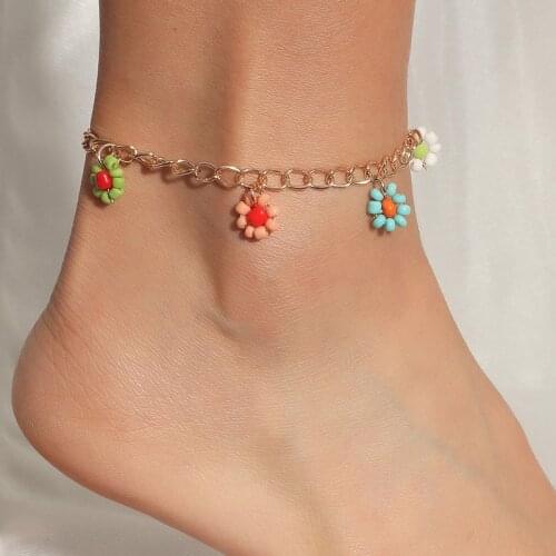 Fashion Bohemian Gold Color Metal Chain Multicolor Glass Beads Handmade Beaded Flower Pendants Anklets For Women Jewelry Gift