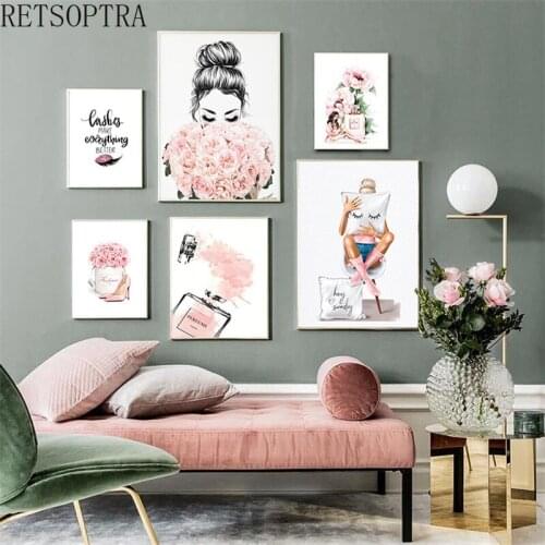 Fashion Watercolor Canvas Painting Wall Art Poster Make Up Pink Home Decorative Girls Beauty Perfume Bottle Living Room Bedroom