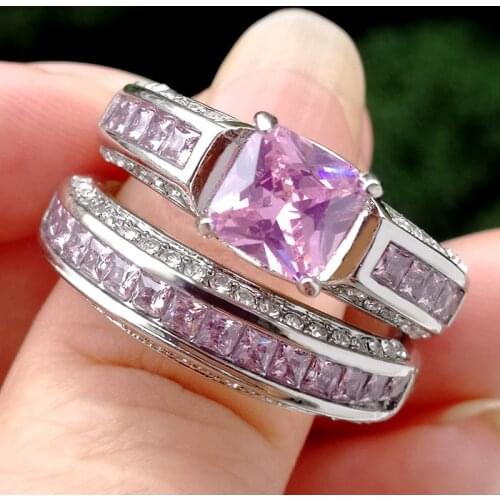 2pcs/set Vintage Geometric Pink Crystal Rhinestones Ring Set For Women Accessories Engagement/Wedding Band Jewelry Gift