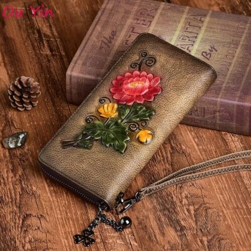 New Ladies Vintage Leather Wallet Hand-colored Flowers Long Style Ladies Hand Zipper Bag Free Shipping