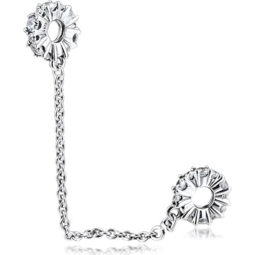 Fits for Pandora Charms Bracelets Clear Sparkle Safety Chain Beads 100% 925 Sterling Silver Jewelry Free Shipping