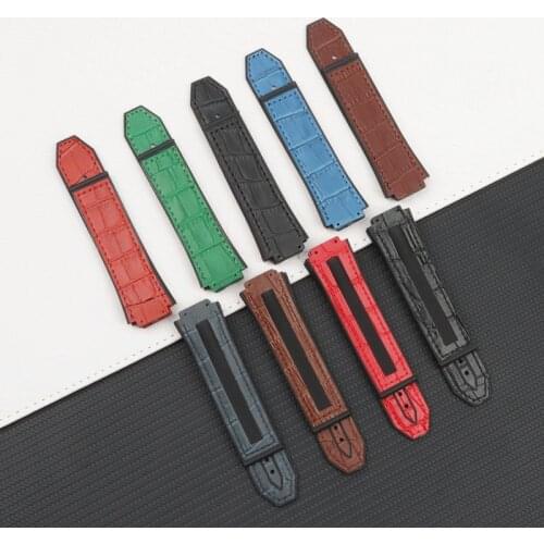 25*17mm Cow bamboo leather with rubber watchband for Hublot strap for Big bang belt authentic buckle tools