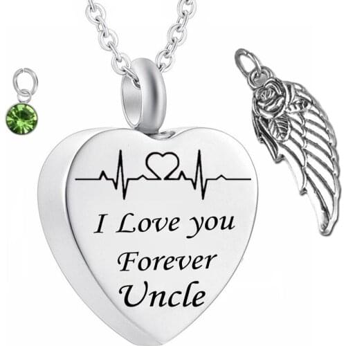 I love you forever uncle Birthstone Ashes heart Pendant Memorial Urn Necklace Angel Wing Stainless Steel Waterproof Jewelry