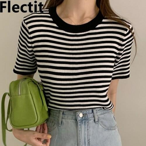 Flectit Women Striped Crop Top Crew Neck Rib Knit Short Sleeve T-Shirt Tee Aesthetic Girl Casual Streeetwear