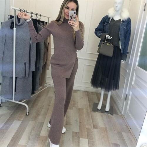 TYHRU Autumn Winter Womens Costume Comfortable Solid Color Turtleneck Pullover Sweater and Pants Two Piece Set