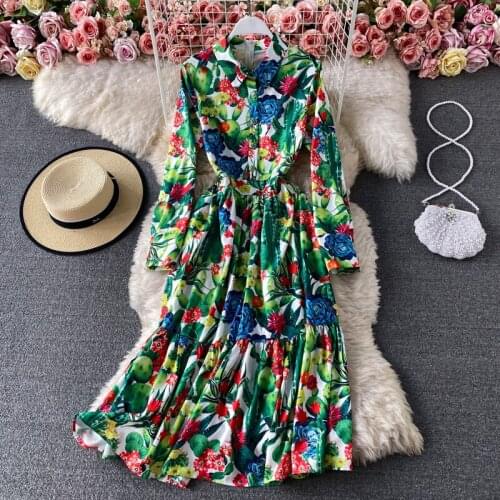 Menahem Designer Tropical Jungle Flower Print Ruffles Shirt Dress Women Long Sleeve Peter Pan Collar Buttons Green Midi Dress