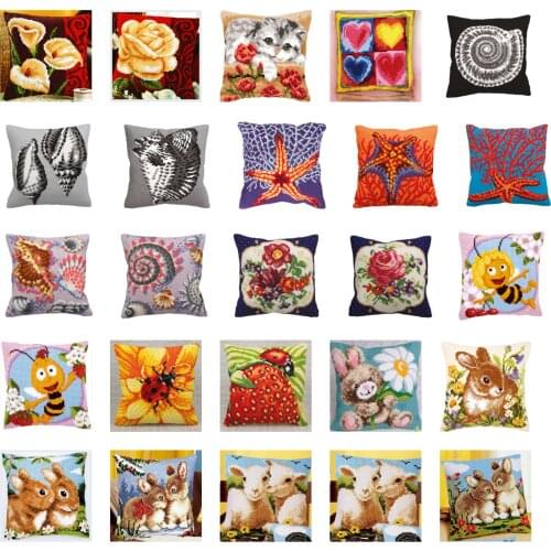 Animals Unfinished Acrylic Yarn Embroidery Pillow Poppy flowers Tapestry Canvas Cushion Front Cross Stitch Pillowcase
