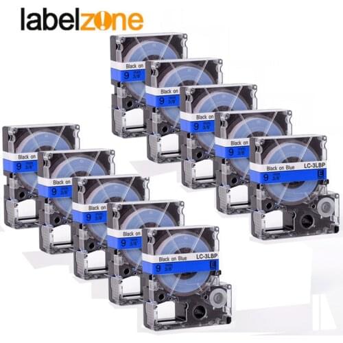 10Pcs 9mm Black on Blue compatible Epson LC-3LBP/SC9BW label tapes strong adhesive laminated lc3lbp label ribbon for KingJim