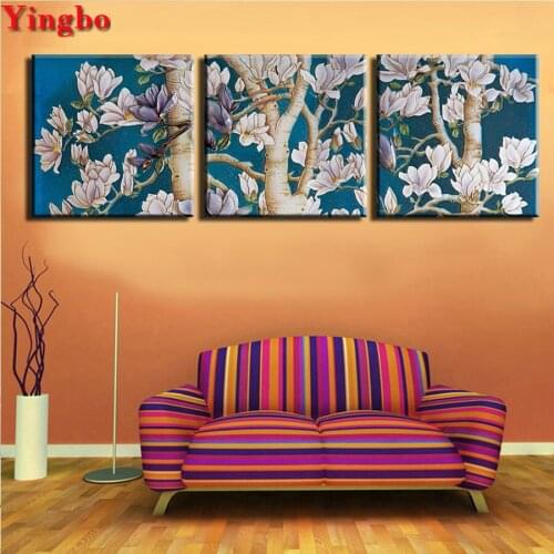 3 pcs diy full round square diamond embroidery Magnolia flower diamond painting mosaic triptych painting rhinestones 5d art