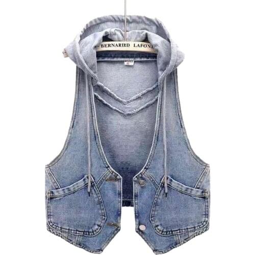Spring Autumn Teens Girls Hooded Denim Jacket Waistcoat Fashion Blue Vest Girl Clothes Short Vest Sleeveless Coat