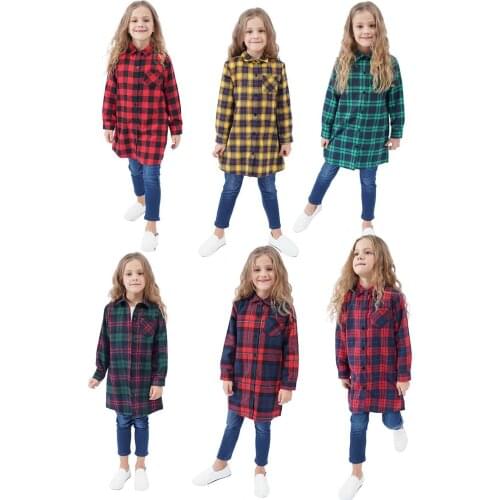 New Kids Clothing Girls Plaid Shirt Dress Spring Autumn Long Sheeve Children Shirts Cotton Brushed Fabric Long Shirt Tops Coat