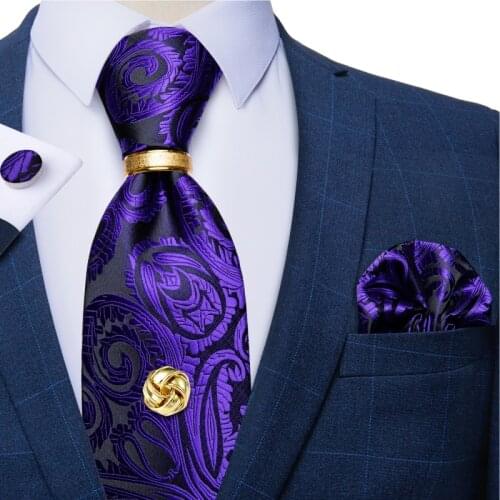 Paisley Floral Purple Ties For Men Wedding Party Neck Tie Handkerchief Cufflinks Set With Luxury Tie Ring Tie Tack With Chain